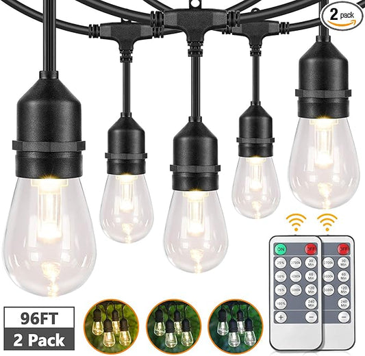 2-Pack 3 Color Dimmable LED Outdoor String Lights for Patio with Remotes, 96FT Waterproof Hanging Lights with Shatterproof Edison Bulbs for Bistro Backyard-Warm White/Nature White/Daylight White