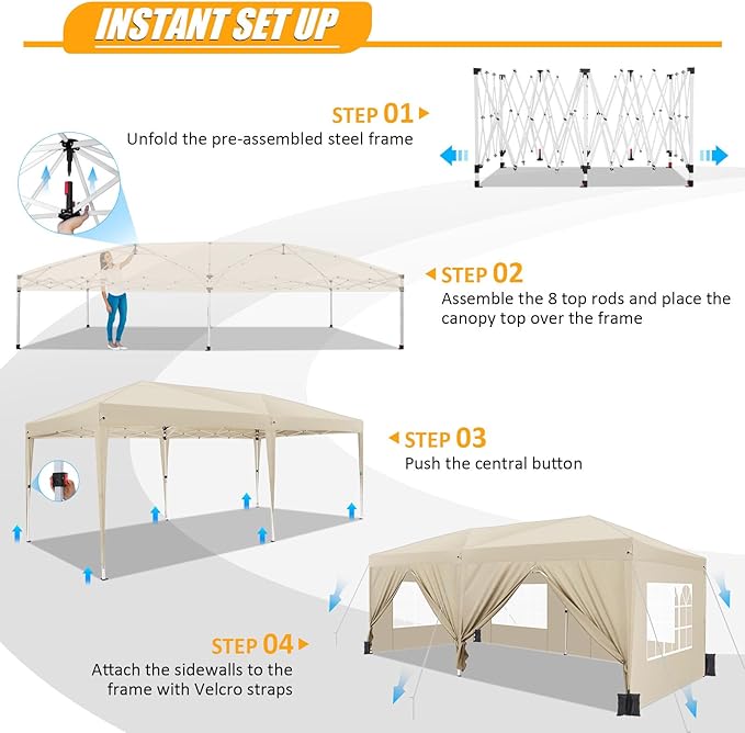 HOTEEL 10x20 Pop Up Canopy with 6 Sidewalls,One-Push Setup Canopy Tent with 8 Windbreak Poles,Waterproof Shade 10x20,Outdoor Canopies for Parties,Weddings,Camping,Patios (Khaki)