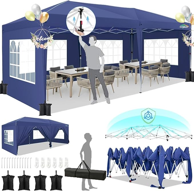 HOTEEL 10x20 Pop Up Canopy with 6 Sidewalls,One-Push Setup Canopy Tent with 8 Windbreak Poles,Waterproof Shade 10x20,Outdoor Canopies for Parties,Weddings,Camping,Patios (Dark Blue)