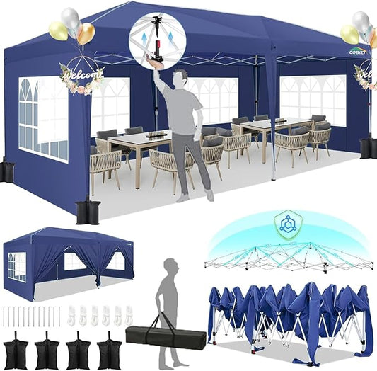 HOTEEL 10x20 Pop Up Canopy with 6 Sidewalls,One-Push Setup Canopy Tent with 8 Windbreak Poles,Waterproof Shade 10x20,Outdoor Canopies for Parties,Weddings,Camping,Patios (Dark Blue)