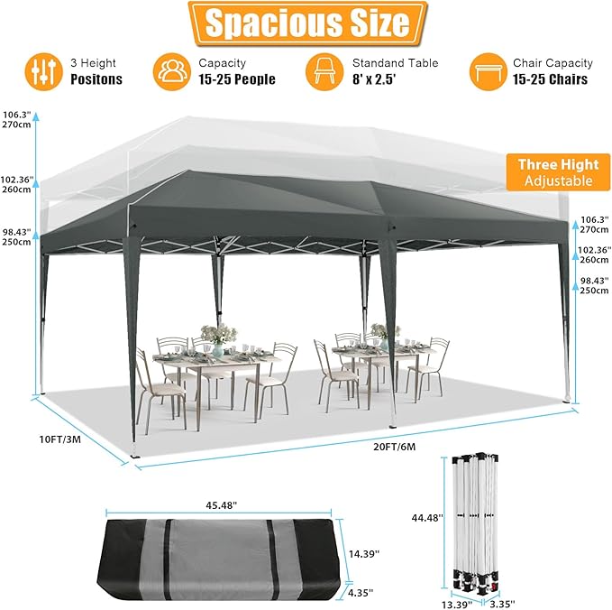 HOTEEL 10x20 Pop Up Canopy with 6 Sidewalls,One-Push Setup Canopy Tent with 8 Windbreak Poles,Waterproof Shade 10x20,Outdoor Canopies for Parties,Weddings,Camping,Patios (Grey)