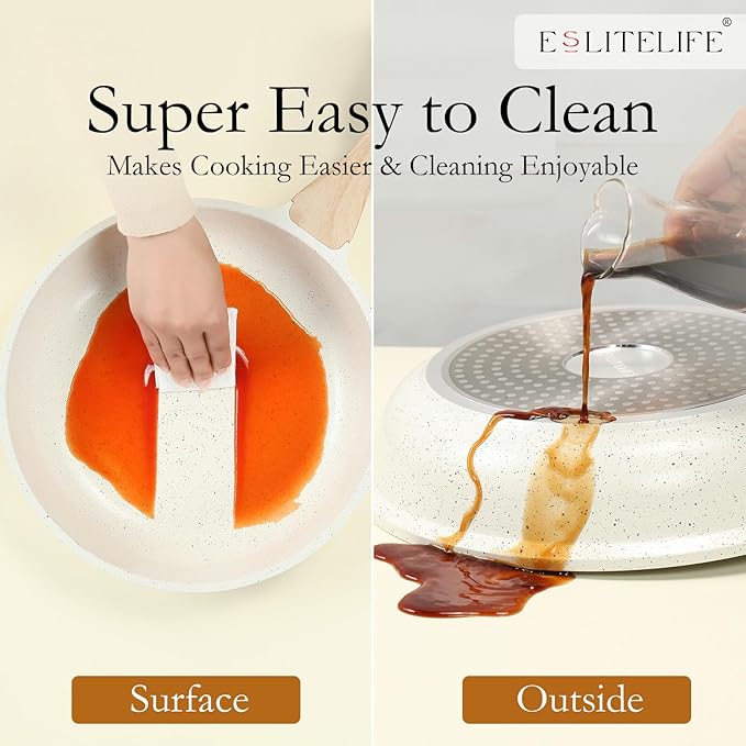 ESLITE LIFE Nonstick Ceramic Frying Pan Skillet with Lid, Non-Toxic Egg Omelette Kitchen Cooking Pans Compatible with All Stovetops (Gas, Electric & Induction), PTFE & PFOA Free (White, 8" w/Lid)