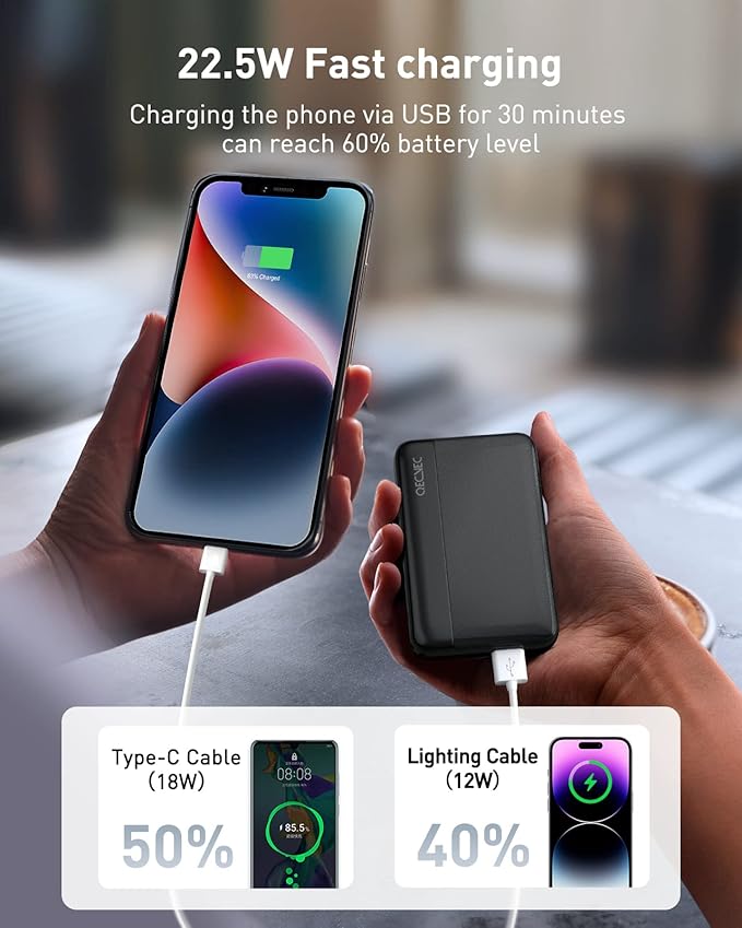 Power Bank 10000mAh, Portable Charger with Built-in Cables, 22.5W PD Fast Charging for iPhone & Android Devices, Ultra-Compact Travel Essential, Pocket-Sized Design-Black