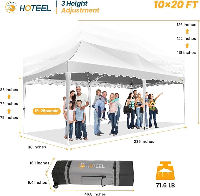 HOTEEL 10×20 Pop Up Canopy, Canopy Tent UV 50+ and Waterproof, Thickened Frame, Large Space Easy Tent, Outdoor Canopies for Weddings, Beaches, Parties, Patio (White)