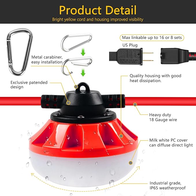 50FT LED Construction String Lights, 5 Medium Base Sockets, Linkable Job Site Lighting, 5000LM, Red, 50FT, Outdoor, Indoor