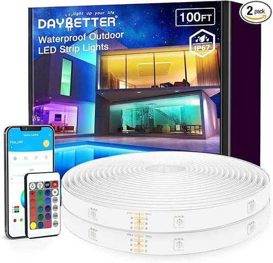 DAYBETTER Outdoor LED Strip Lights, IP67 Waterproof LED Lights with Remote, APP Control, Color Changing LED Rope Lights for Bedroom, Bathroom, Roof, Balcony, Pool, 24V, 100ft