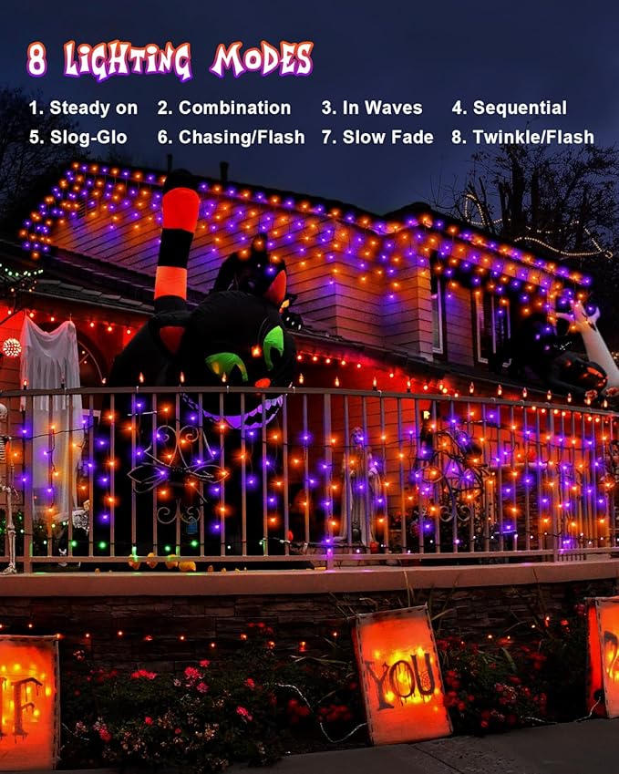 Outdoor Halloween Lights, Waterproof 53FT 486 LED Hanging String Lights with 108 Drops, 8 Modes Timer, Connectable Plug-in Outside Lights for Party Eaves Yard Decorations, Purple and Orange