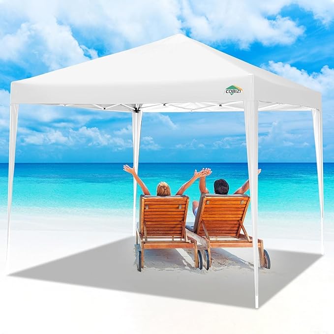 COBIZI 10x10 Pop Up Canopy Tent with 4 Sandbags, Easy Set Up Gazebo, Instant Outdoor Sun Shade &Waterproof Canopy with 8 Stakes,4 Ropes&Carry Bag, Tents for Parties, Beach, Backyard,Camping(White