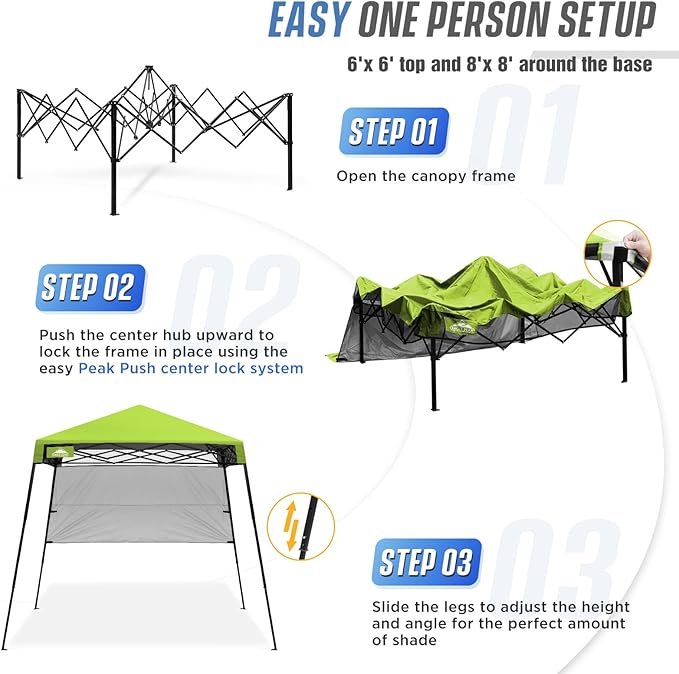 EAGLE PEAK 8x8 Pop Up Canopy Tent with Sidewall, Compact, Portable Slant Leg Instant Sun Shelter for Beach, Sports, & Camping, 8x8 Base 6x6 Top, Green