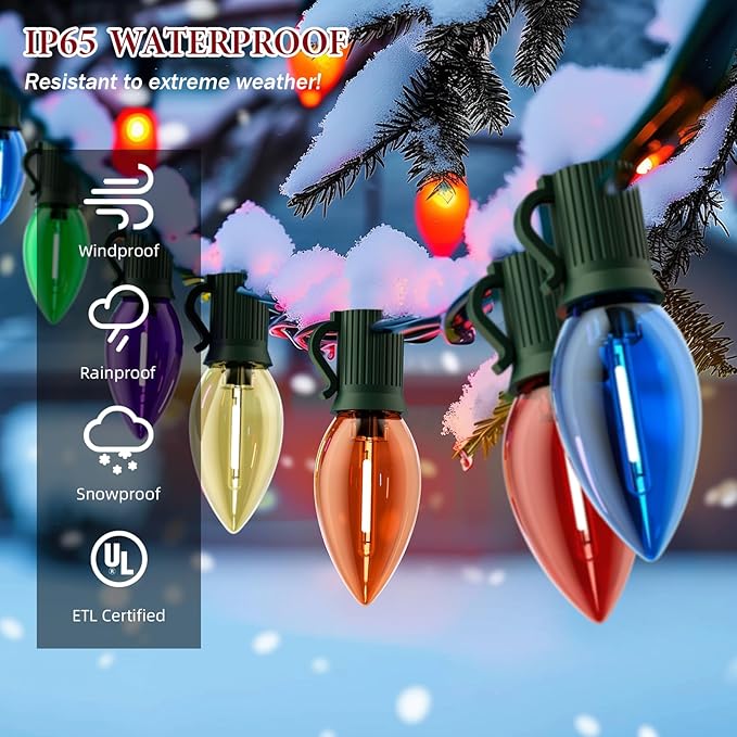 Kawaya Outdoor Christmas LED Multi-Colored Clear Tree Lights - C9 50ft, 50 Bulbs Waterproof Decor for Outside Trees, House, Walkway & Pathways