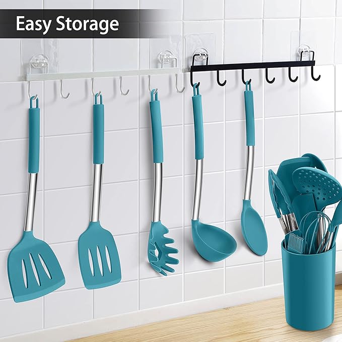 LIANYU 15-Piece Kitchen Cooking Utensils Set with Holder, Silicone Kitchen Tools Stainless Steel Handle, Slotted Spatula Spoon Turner Tong Whisk Brush for Cooking, Dark Blue