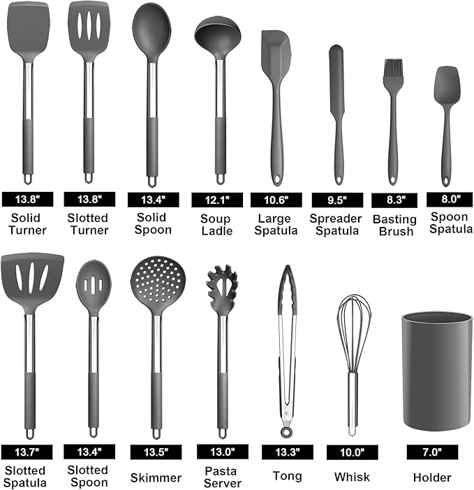 LIANYU 15-Piece Cooking Kitchen Utensils Set with Holder, Silicone Kitchen Tools Stainless Steel Handle, Slotted Spatula Spoon Turner Tong Whisk Brush for Cooking, Gray