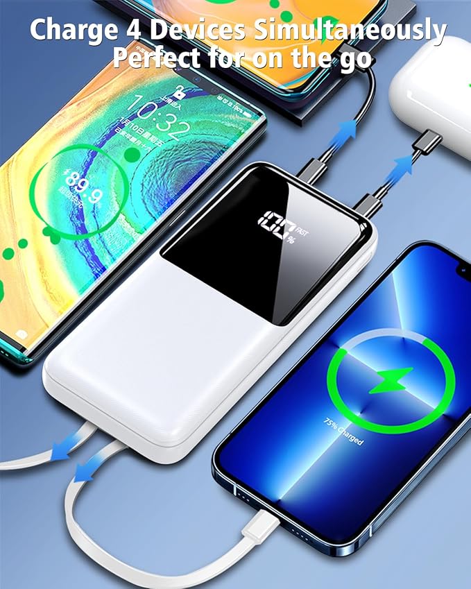 Portable Charger Power Bank - 20000mAh Fast Charging Portable Battery Pack with Built in USB-C(22.5W) and iOS(20W) Output Cables Compatible with iPhone Android Samsung Phone etc (1 Pack, White)