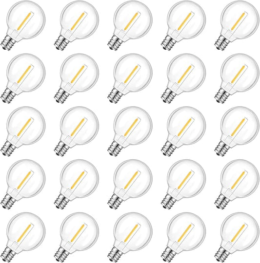 G40 LED Replacement Light Bulbs 24+1 Pack, E12 Screw Base Waterproof Globe Bulbs Light for Indoor Outdoor String Lights, Patio Cafe Decor, Dimmable, Warm White, Not Solar