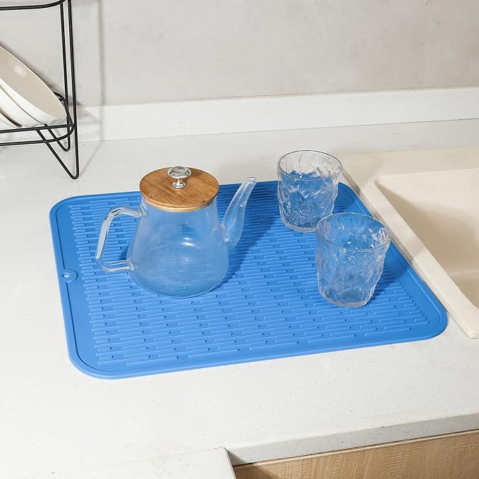 Silicone Dish Drying Mat for Multiple Usage,Easy clean,Eco-friendly,Heat-resistant Silicone Mat for Kitchen Counter or Sink,Refrigerator or Drawer Liner Lichen BlueL 2XL 24 inches x 18 inches