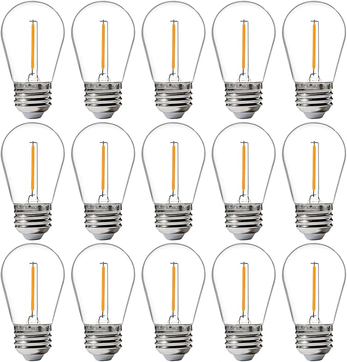 FLSNT 15 Pack Outdoor LED Replacement Bulbs for String Light, S14 LED Hanging Light Bulbs for Patio, Garden, E26 Base, 2200K Warm White, Non-Dimmable