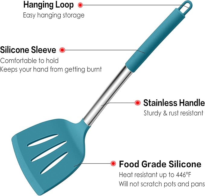 LIANYU 15-Piece Kitchen Cooking Utensils Set with Holder, Silicone Kitchen Tools Stainless Steel Handle, Slotted Spatula Spoon Turner Tong Whisk Brush for Cooking, Dark Blue