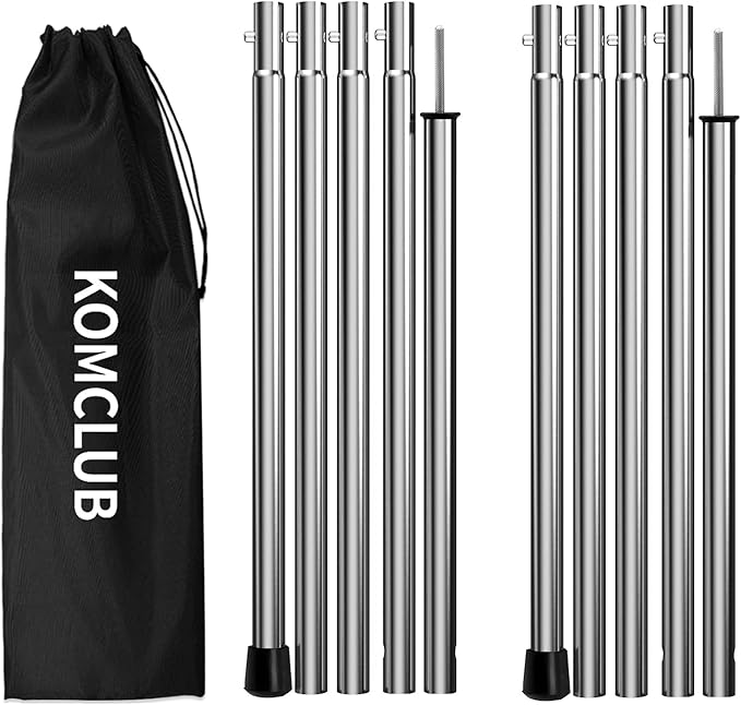 KOMCLUB Telescoping Tent Poles - Adjustable Heavy Duty Camping Poles - Thickened Stainless Steel - Set of 2 - For Tarp, Awning, Canopy, Beach Shelter, Sun Sails