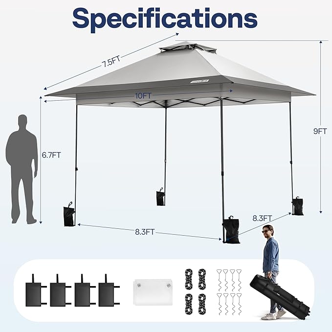 VIVOHOME10x10ft Pop Up Canopy Tent One Push Setup Outdoor Portable Shelter Tent Heavy Duty with Wheel Carry Bag and 4 Sandbags,2 Tiers Roof for Patio Garden Backyard, Gray