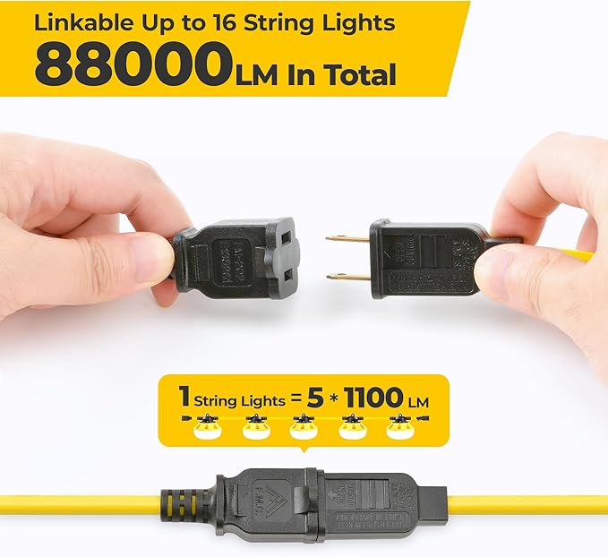 50FT Construction String Lights: 50w 5500lm ETL Certified Bright Industrial Outdoor Temporary Lighting Led Hanging IP65 Waterproof 18AWG Wire Work Light for Attic Jobsite Garage