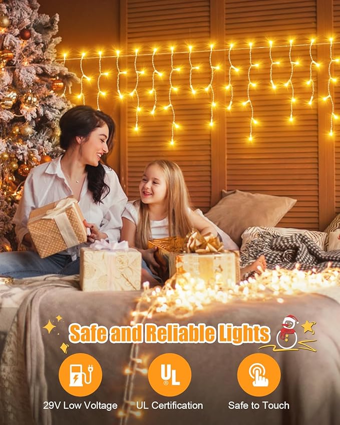 106 FT Christmas Lights Outdoor, 972 LED Waterproof Outside Christmas Lights Plug in, Connectable 8 Modes Hanging Fairy Lights with 216 Drops for House Eaves Yard Patio Wedding Decoration, Warm White