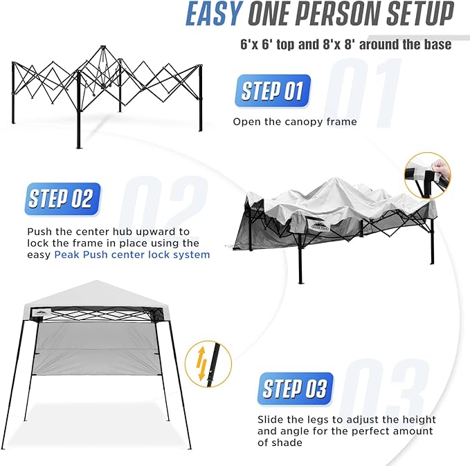 EAGLE PEAK 8x8 Pop Up Canopy Tent with Sidewall, Compact, Portable Slant Leg Instant Sun Shelter for Beach, Sports, & Camping, 8x8 Base 6x6 Top, White
