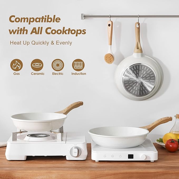 SENSARTE Nonstick Frying Pan Skillets, White Ceramic Coating Omelette Pans, Healthy Cookware Chef's Pan, Free of PTFE & PFAS (8+10 Inch)