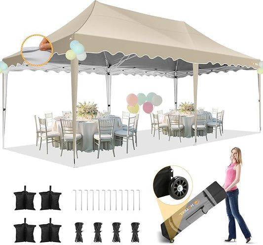 HOTEEL 10×20 Pop Up Canopy, Canopy Tent UV 50+ and Waterproof, Thickened Frame, Large Space Easy Pop Up Canopy, Outdoor Canopy for Weddings, Beaches, Parties, Patio (Khaki)