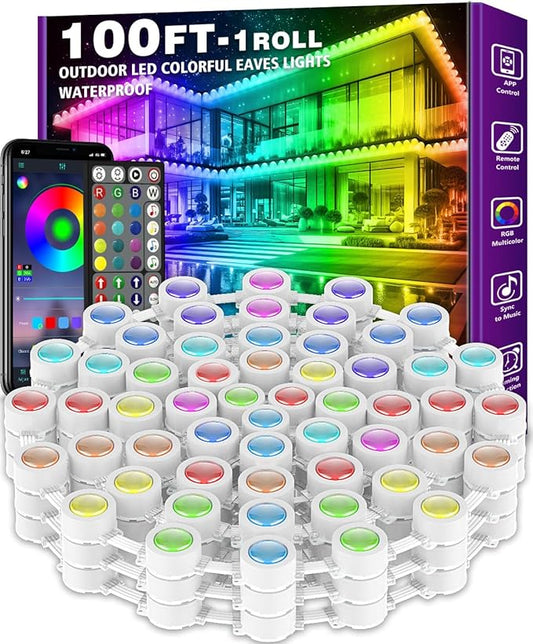 100FT Permanent Outdoor RGB Lights - IP67 Waterproof with Smart App Control Remote, DIY Scene Modes, Music Synchronization, Eaves Lights For Garden Decor, Deck, Christmas, Party, Party, Halloween,Roof