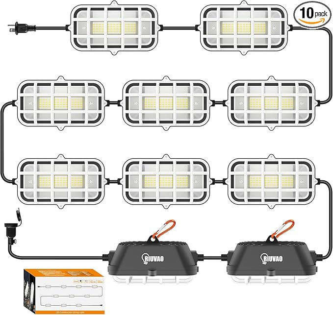 100ft LED Construction String Lights, 150W 15000LM Waterproof IP67 Led String Work Lights, Construction Temporary Lights (100ft-10lights).