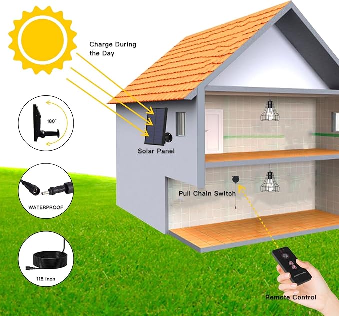 Solar Pendant Lights, Solar Powered Shed Light with Pull Cord and Remote for Outdoor Indoor, Solar Chandelier, Gazebo Lights with Adjustable Solar Panel for Yard Patio Balcony Barn Garage
