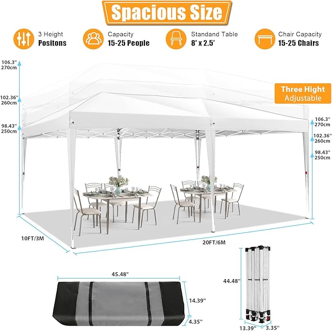 HOTEEL 10x20 Pop Up Canopy with 6 Sidewalls,One-Push Setup Canopy Tent with 8 Windbreak Poles,Waterproof Shade 10x20,Outdoor Canopies for Parties,Weddings,Camping,Patios (White)