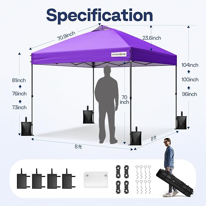 VIVOHOME 8x8ft Pop Up Canopy Tent with Logo One Push Setup Outdoor Portable Shelter Tent Heavy Duty with Wheel Carry Bag and 4 Sandbags, Red