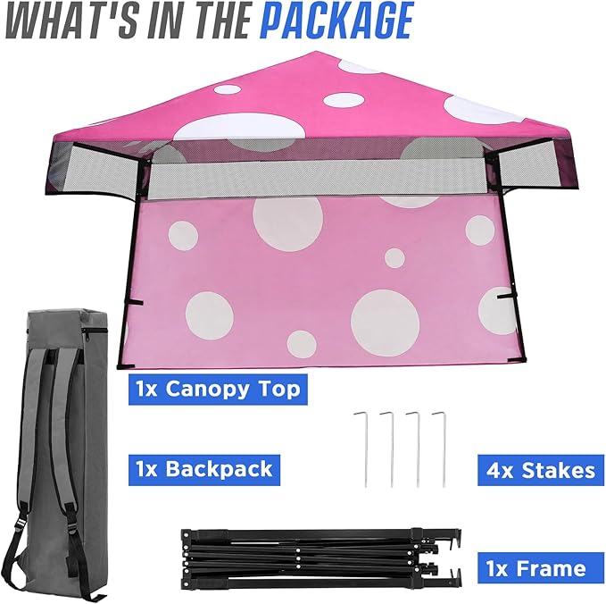 EAGLE PEAK 8x8 Pop Up Canopy Tent with Sidewall, Compact, Portable Slant Leg Instant Sun Shelter for Beach, Sports, & Camping, 8x8 Base 6x6 Top, Pink Mushroom