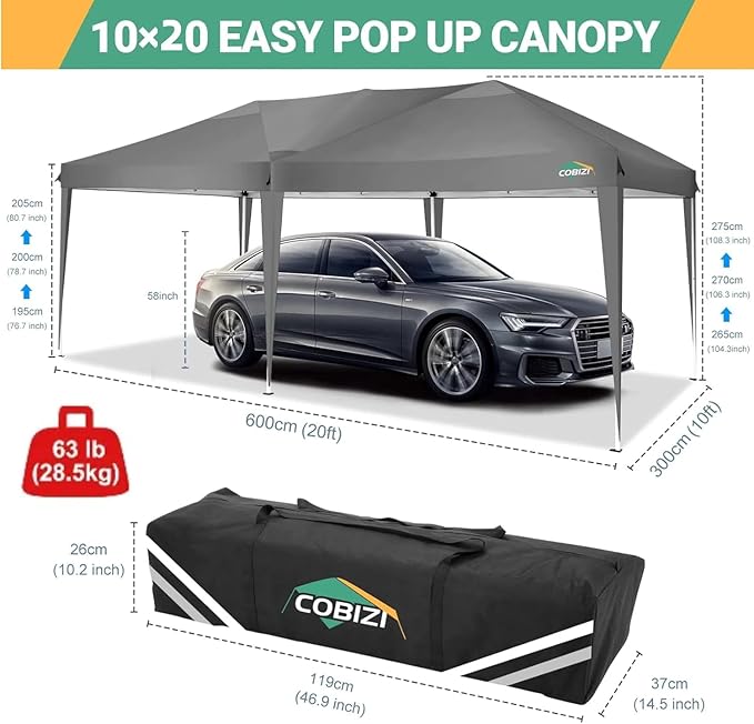COBIZI 10x20 Pop Up Canopy Tent with 6 Sidewalls Easy Pop Up Tent 10x20 Waterproof Commercial Instant Shelter UPF 50+ Portable Gazebo Wedding Tents for Parties Carport Vender Events, Gray