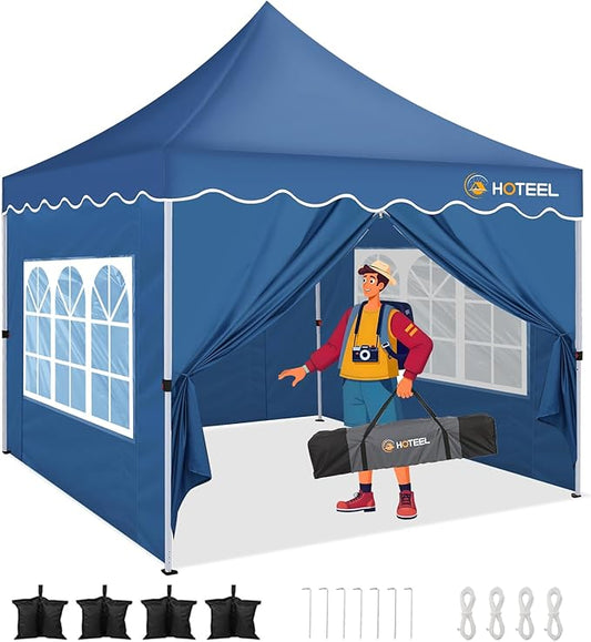 HOTEEL 10×10 Pop Up Canopy with 4 Sidewalls, UV 50+ and Waterproof Canopy Tent 10×10, Thickened Frame, Large Space Easy Pop Up Canopy, Outdoor Canopy for Weddings, Beaches, Parties, Patio (Blue)