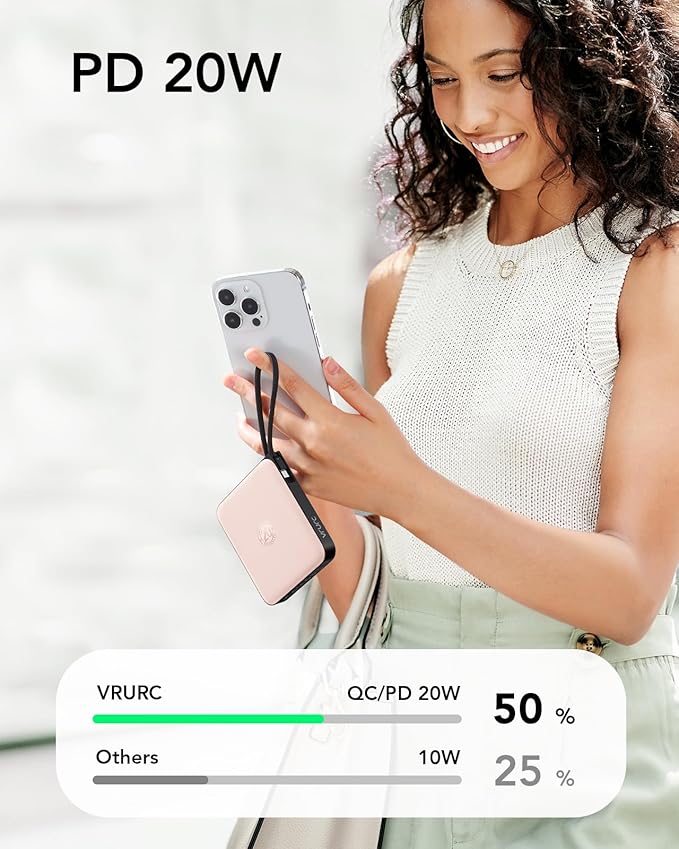 VRURC 20000mAh Power Bank Built-in Cables, Travel Essentials, Portable Charger 22.5W Fast Charging USB C Battery Pack, Phone Battery for iPhone 16 15 14 13 12 11 x Samsung Android Phone,Pink(1 Pack)