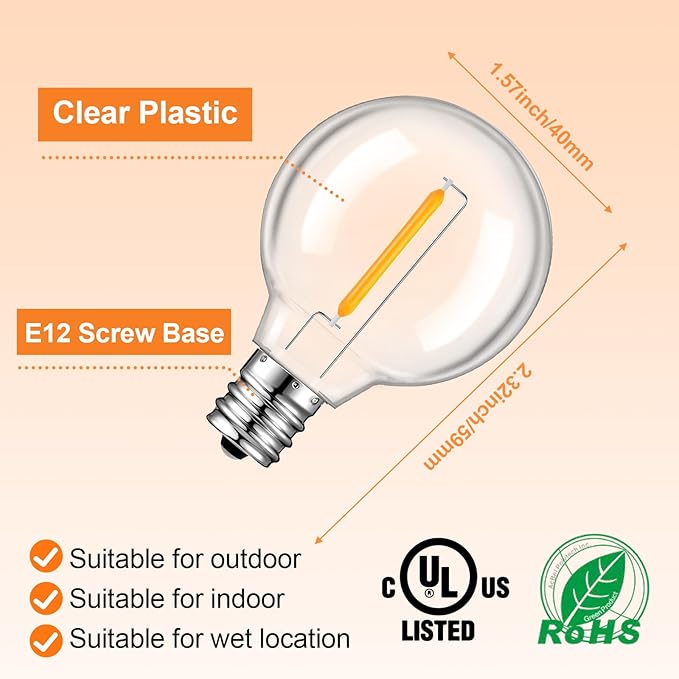 48+2 Pack G40 LED Replacement Bulbs for Outdoor String Lights, Dimmable, Warm White, E12 Screw Base, Waterproof LED Globe Bulbs Light for Indoor Outdoor Patio Cafe Decor