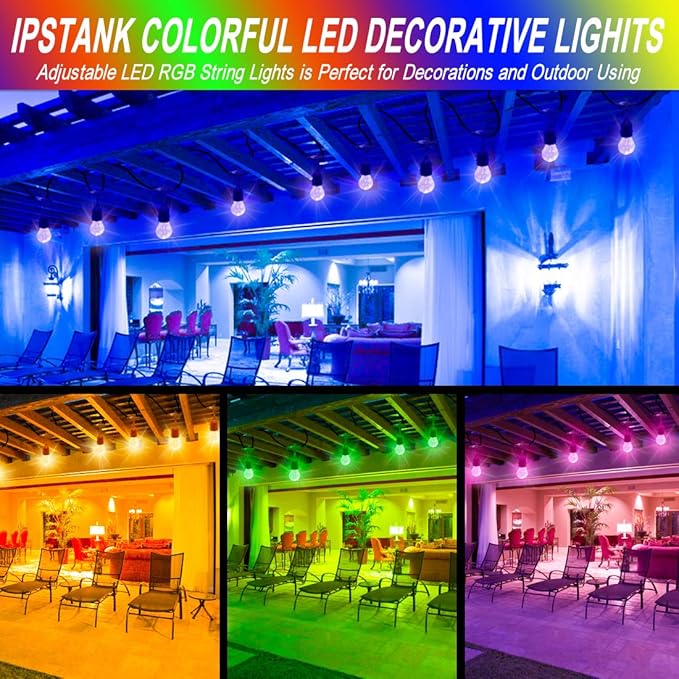 96FT Outdoor Patio Lights Color Changing, RGB LED String Lights with 32 E26 Shatterproof Edison Bulbs, Dimmable Patio String Lights for Backyard Garden, 2 Remote Controllers