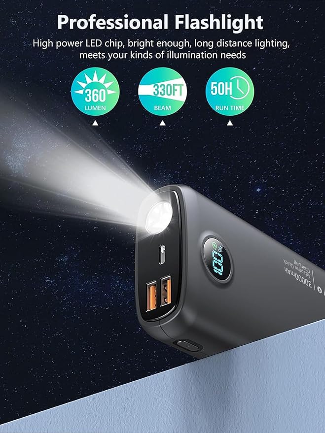 Portable Charger 30,000mAh-Output Input USB C Fast Charging LED Display SCP22.5W PD3.0 QC4.0 Power Bank, Flashlight External Battery Pack for iPhone, Samsung Galaxy, LG, and More Black