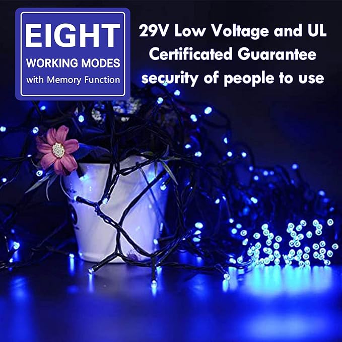 75.8 FT 200 LED Blue Christmas String Lights Outdoor & Indoor, Timer & Memory Function & 8 Modes, Extendable Ultra Bright Green Wire Mini Twinkle Lights for Xmas Tree Patio Holiday Party Garden Decor