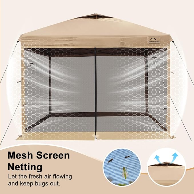 KAMPKEEPER 10x10 Pop Up Canopy with Mosquito Netting,Instant Outdoor Screen Tent Sun Shade for Events Patio Camping Picnic,Gazebo with 4 Sandbags,1 Wheeled Bag(Khaki)