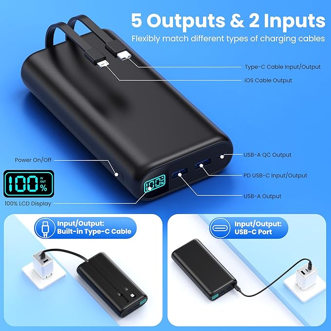 Portable Charger 40,800mAh Power Bank with Built-in Cables,5 USB Output Battery Pack Backup,25W PD USB C Phone Charging LCD Display Compatible with iPhone 16/15/14/13 Pro,Android Galaxy Pixel Nexus