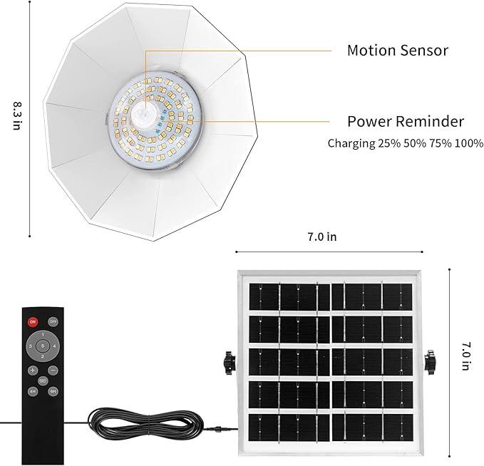 Aqonsie Solar Shed Light Indoor Outdoor Solar Pendant Daytime Work Lights with 3 Colors Temperature & 5 Lighting Modes+2 Timers, 1200LM Solar Motion Indoor Lights with Remote for Shed Gazebo Barn