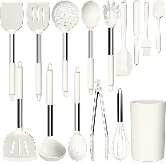 LIANYU 15 Pcs Cooking Kitchen Utensils Set with Holder, Silicone Kitchen Gadgets with Stainless Steel Handle, Heat Resistant Spatula Tools, Brush Spoon Tong Whisk Ladle Turner for Cookware, White