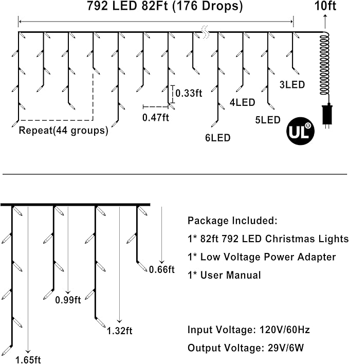 792 LED Christmas Lights with 176 Drops,82ft 8 Modes Fairy Hanging String Lights with Time Waterproof, Plug-in Christmas String Lights for Holiday Wedding Party Christmas Decorations (Multicolor)