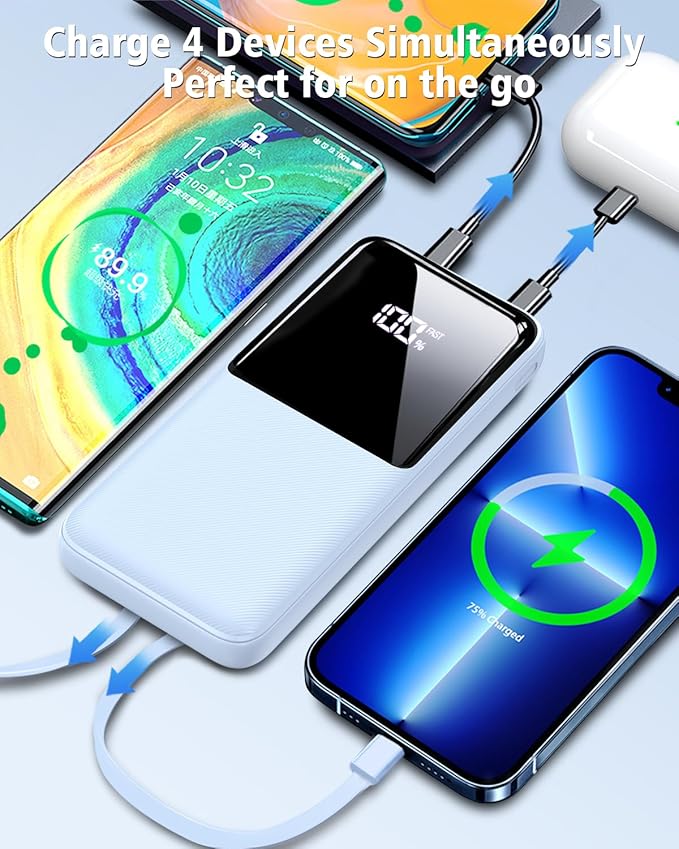 Portable Charger Power Bank - 20000mAh Fast Charging Portable Battery Pack with Built in USB-C(22.5W) and iOS(20W) Output Cables Compatible with iPhone Android Samsung Phone etc (1 Pack, Blue)