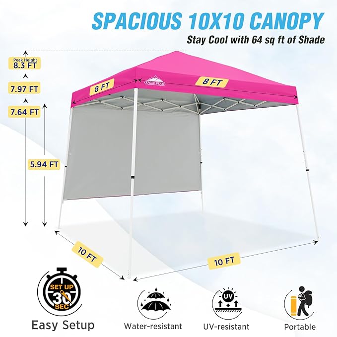EAGLE PEAK 10x10 Pop Up Canopy Tent with Sidewall, Compact, Portable Slant Leg Instant Sun Shelter for Beach, Sports, & Camping, 10x10 Base 8x8 Top, Pink