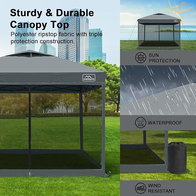 KAMPKEEPER 10x10 Pop Up Canopy with Mosquito Netting,Instant Outdoor Screen Tent Sun Shade for Events Patio Camping Picnic,Gazebo with 4 Sandbags,1 Wheeled Bag(Dark Grey)