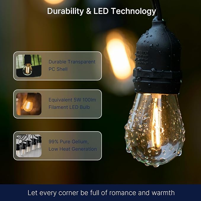 FLSNT 48 Pack LED S14 Replacement Light Bulbs for String Light, Waterproof Outdoor LED Bulbs, E26 Base, 2200K Warm White, Non-Dimmable